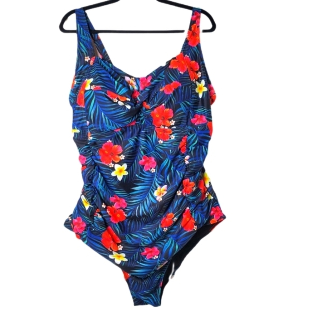 Hanna Nikole NWT Women's Tropical Floral Hibiscus One Piece Swimsuit Blue Red